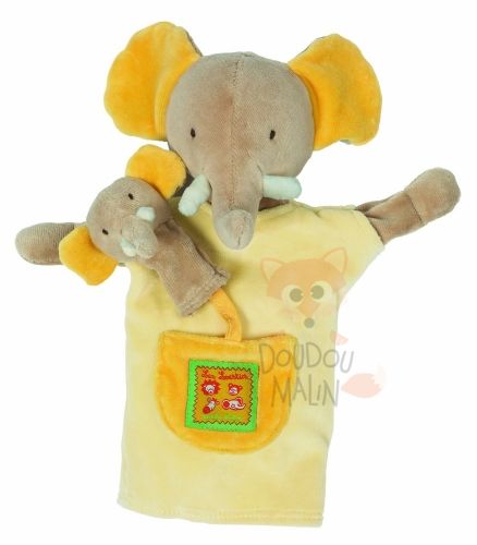  elephant et son bébé marionnette beige jaune 